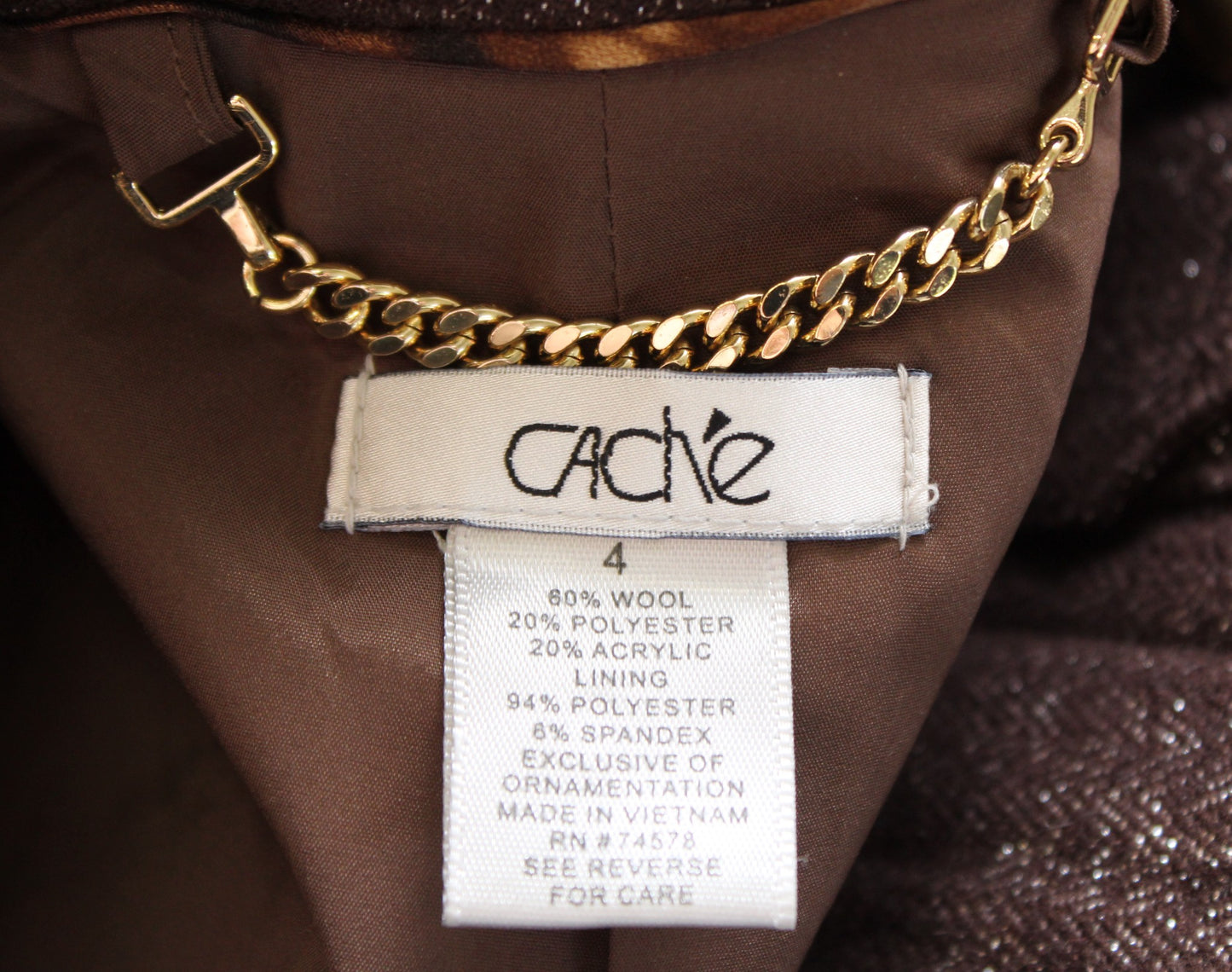 Cache Brown Shimmer Herringbone Wool Zip Front Jacket Size 4 Animal Leopard Trim