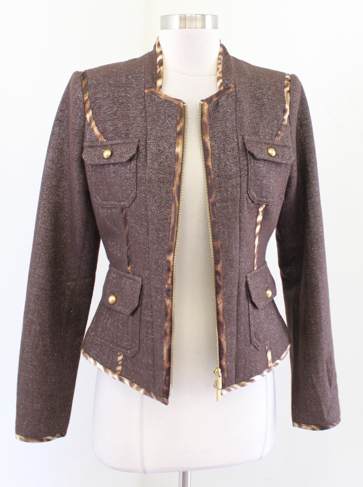 Cache Brown Shimmer Herringbone Wool Zip Front Jacket Size 4 Animal Leopard Trim