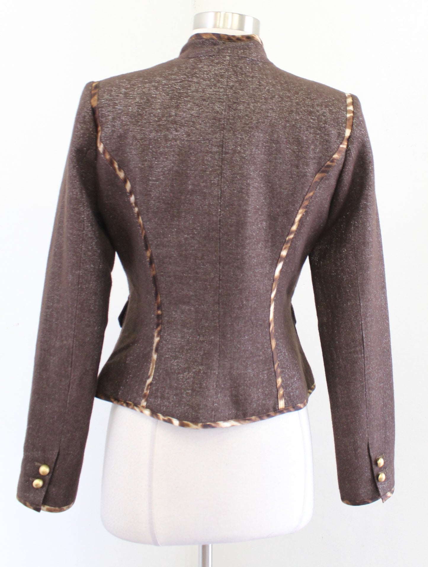 Cache Brown Shimmer Herringbone Wool Zip Front Jacket Size 4 Animal Leopard Trim