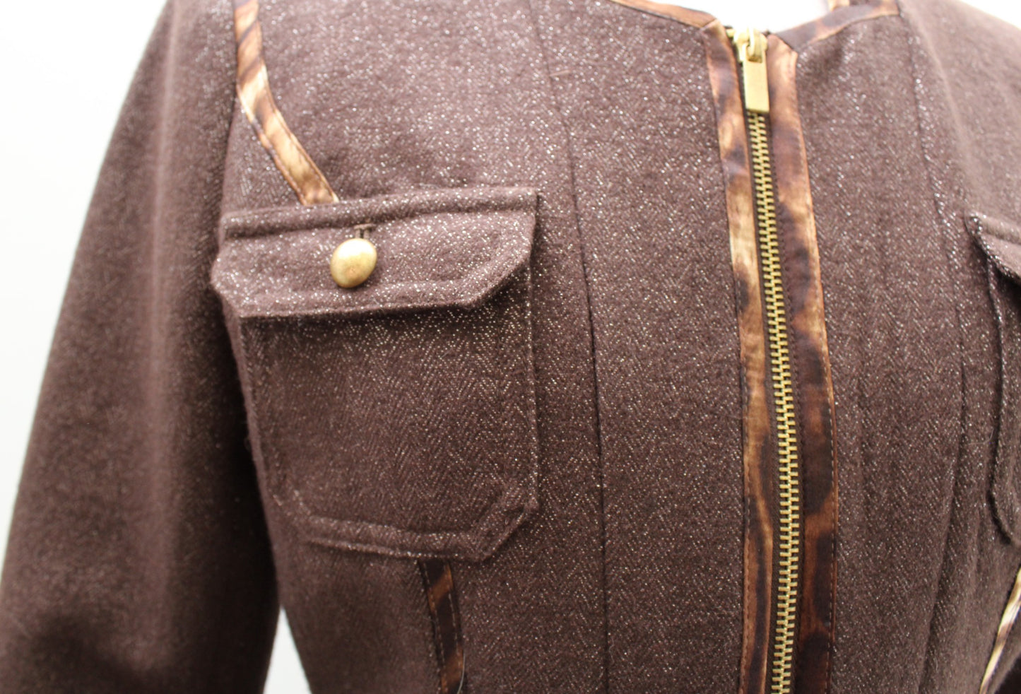 Cache Brown Shimmer Herringbone Wool Zip Front Jacket Size 4 Animal Leopard Trim