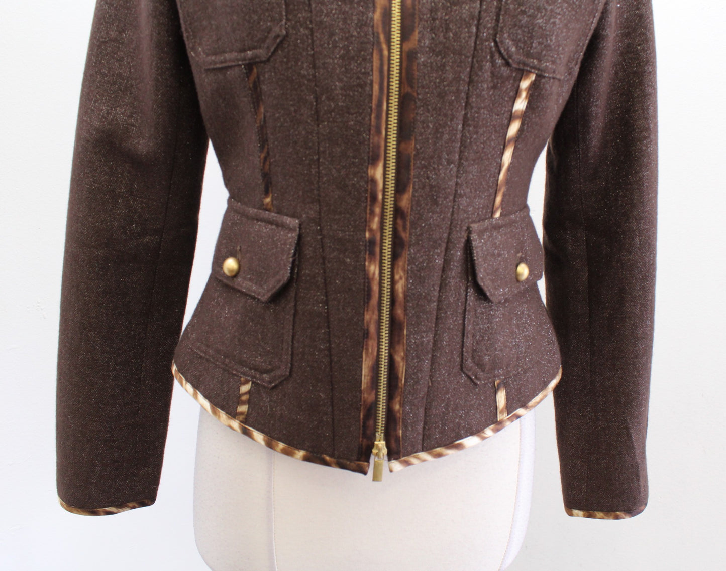 Cache Brown Shimmer Herringbone Wool Zip Front Jacket Size 4 Animal Leopard Trim