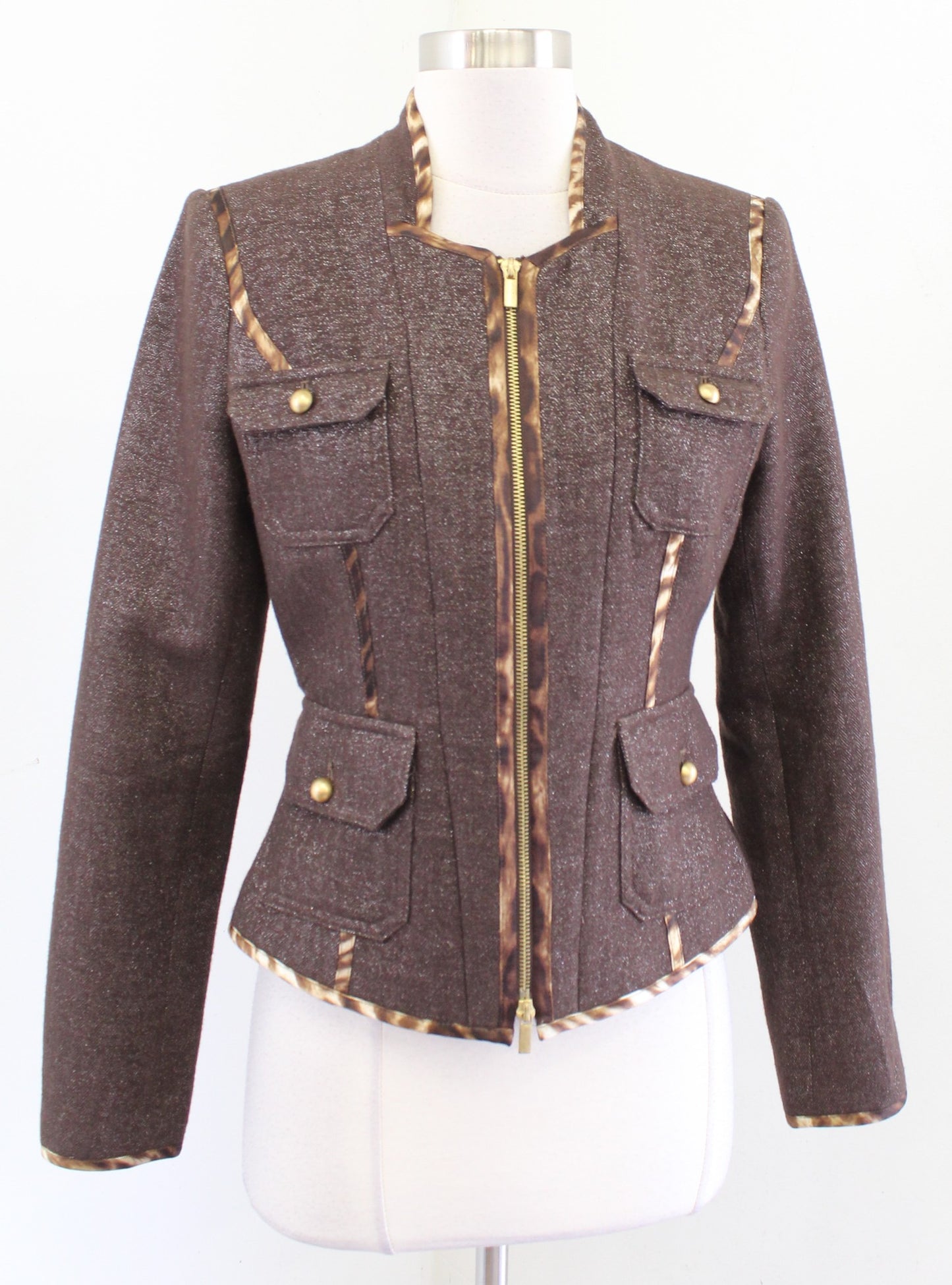Cache Brown Shimmer Herringbone Wool Zip Front Jacket Size 4 Animal Leopard Trim