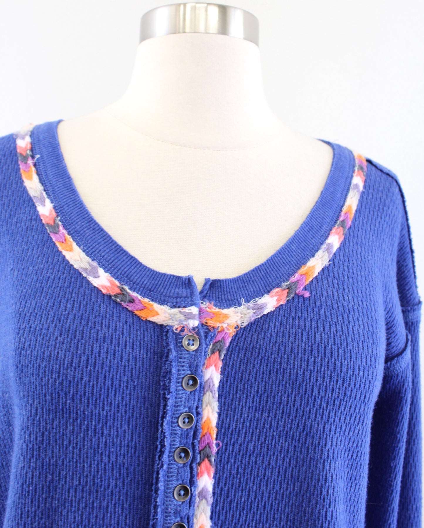 Free People Rainbow Thermal Blue Knit Henley Top Blouse Size S Scoop Neck