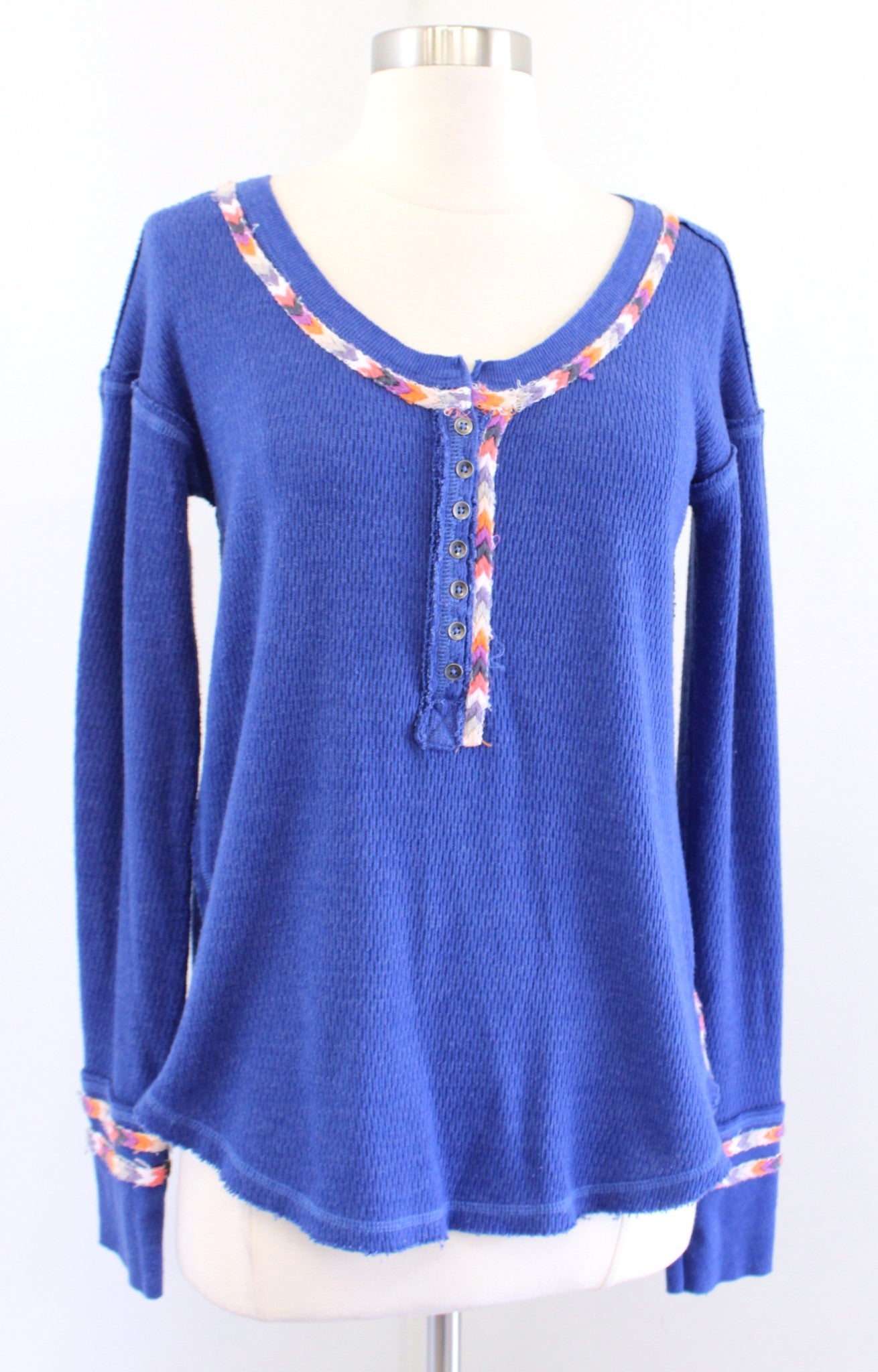 Free People Rainbow Thermal Blue Knit Henley Top Blouse Size S Scoop Neck