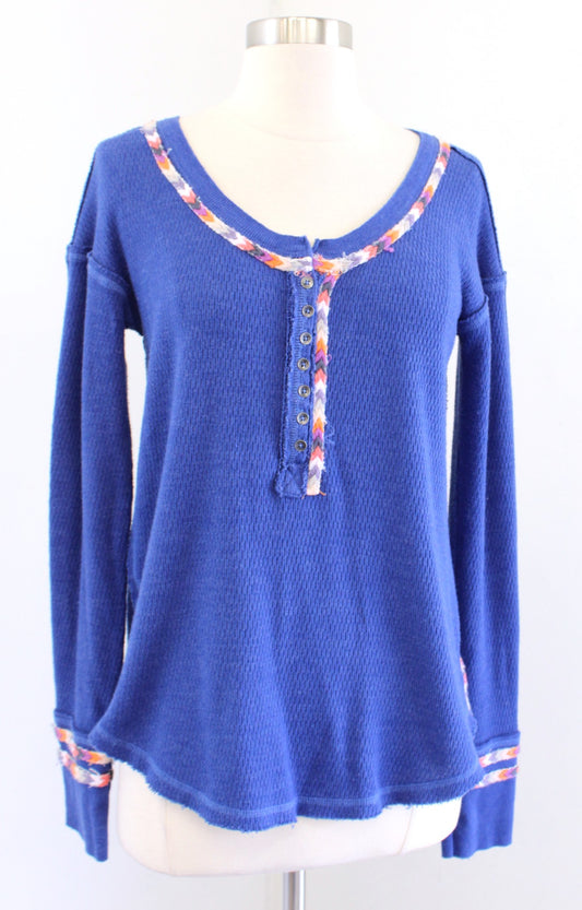 Free People Rainbow Thermal Blue Knit Henley Top Blouse Size S Scoop Neck