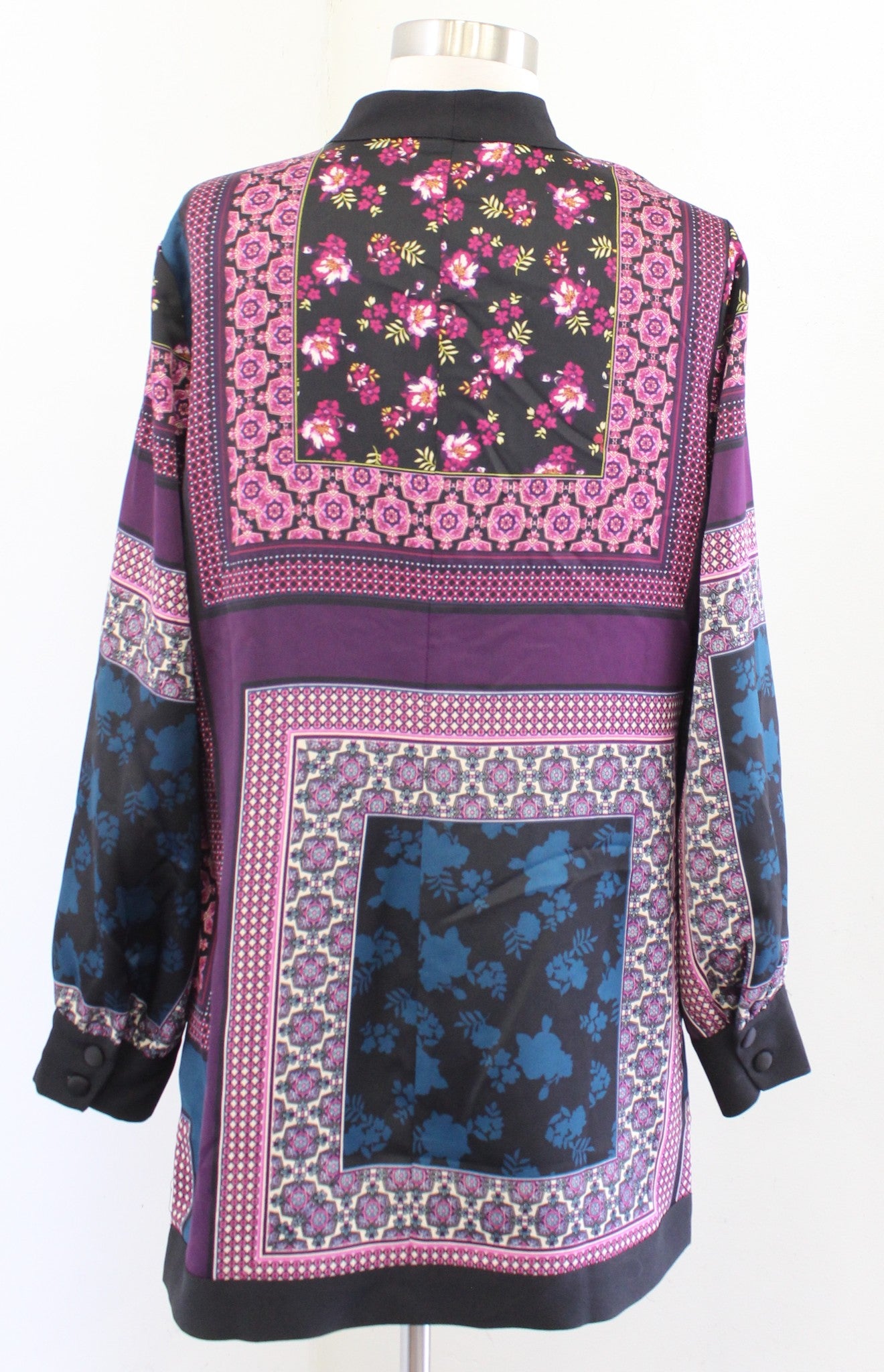 Chicos Soft Patchwork Jacket Black Geometric Floral Open Front Topper Kimono 0