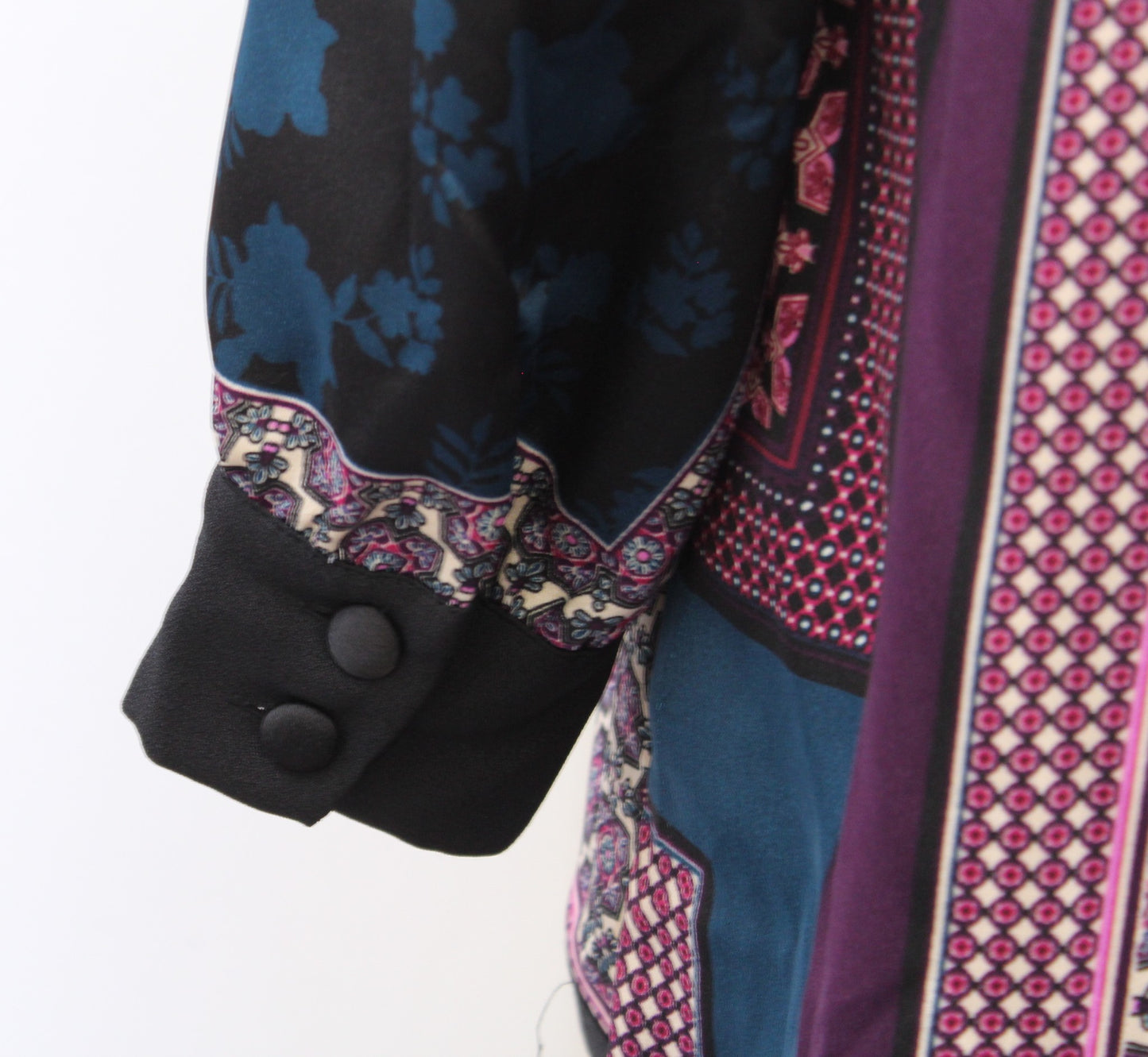 Chicos Soft Patchwork Jacket Black Geometric Floral Open Front Topper Kimono 0