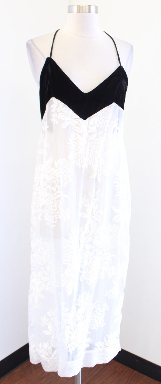 Free People Love All Day Black White Burnout Velvet Floral Maxi Slip Dress Sz S