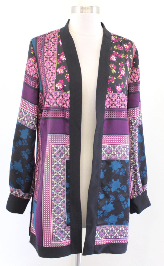 Chicos Soft Patchwork Jacket Black Geometric Floral Open Front Topper Kimono 0