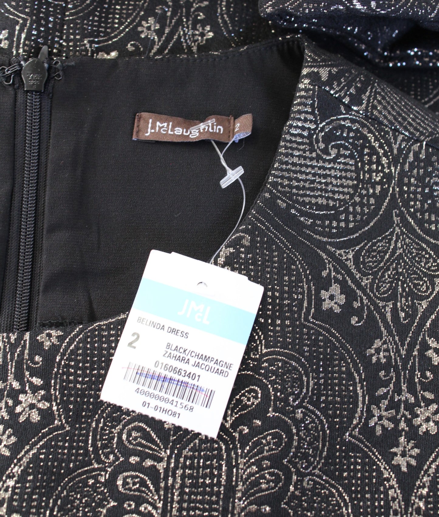 NWT J McLaughlin Zahara Black Champagne Jacquard Sheath Dress Size 2 Metallic