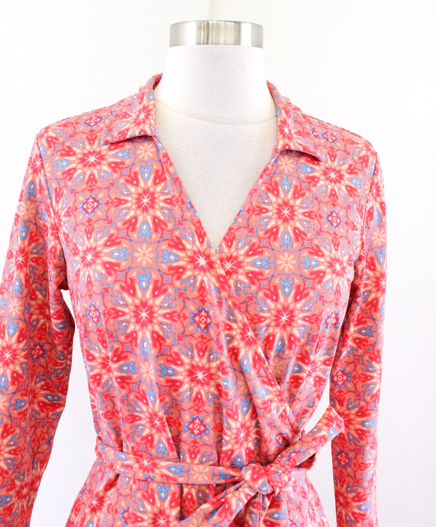 J McLaughlin Coral 3/4 Sleeve Catalina Cloth Geometric Medallion Wrap Dress Sz S
