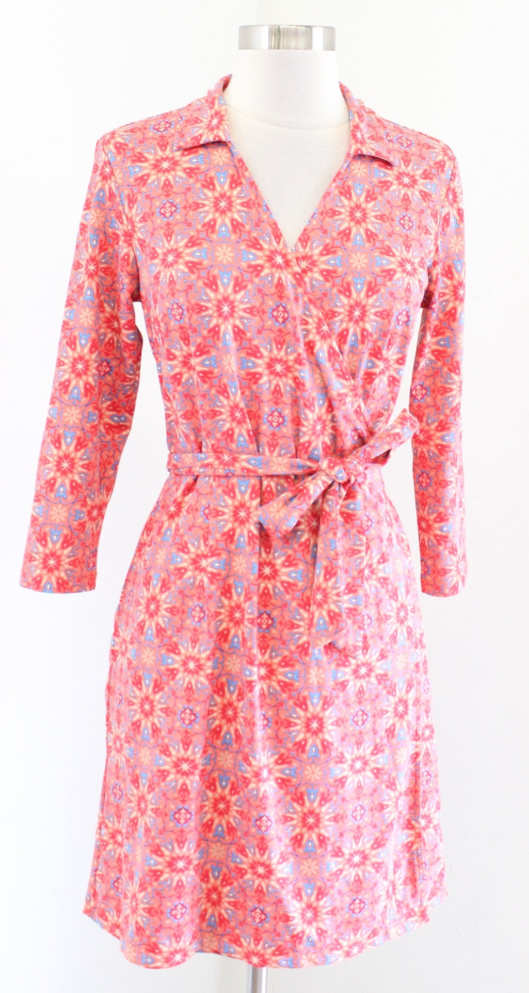 J McLaughlin Coral 3/4 Sleeve Catalina Cloth Geometric Medallion Wrap Dress Sz S