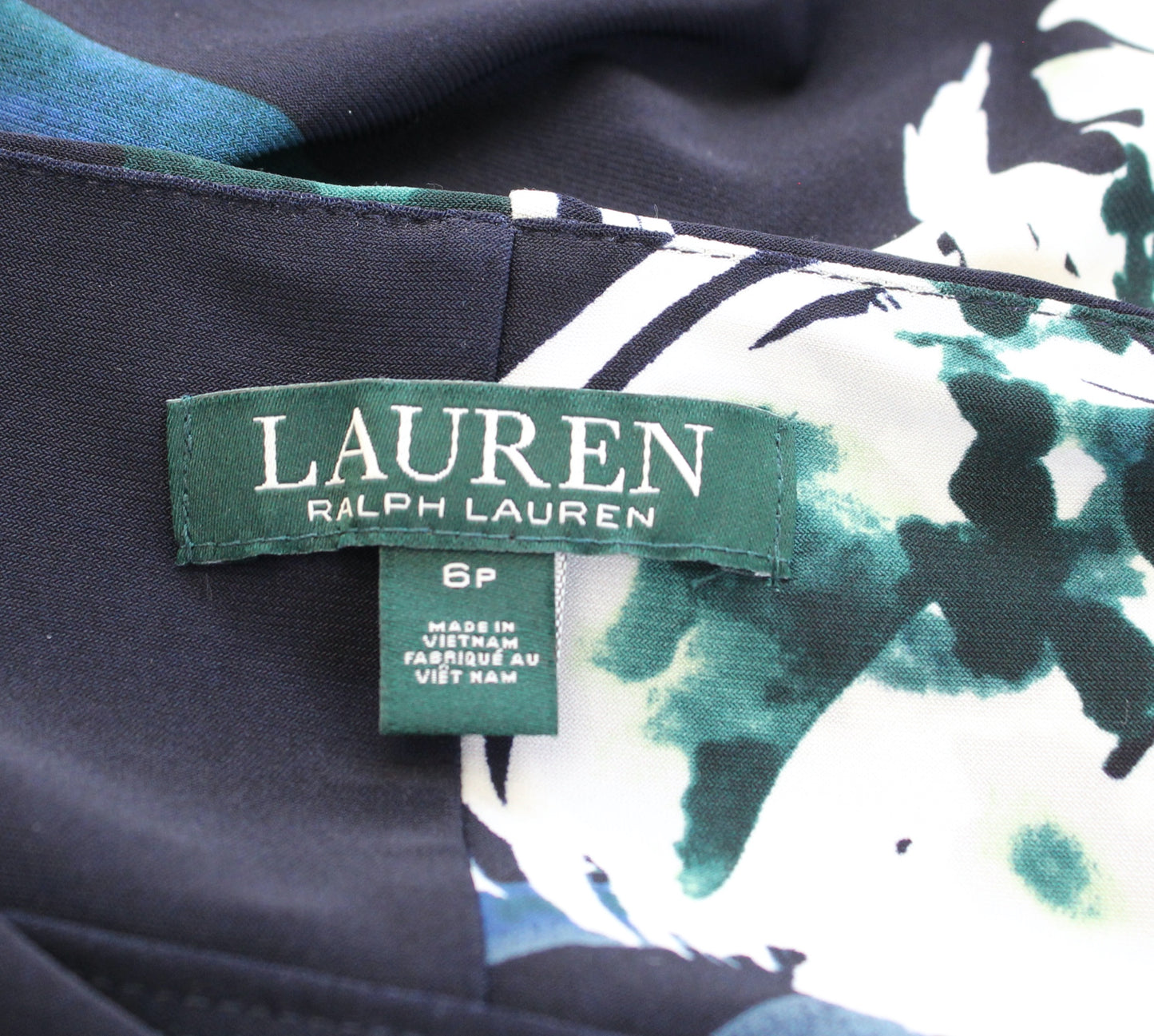 Lauren Ralph Lauren Navy Blue Floral Print Ruched Draped Neck Sheath Dress Sz 6P