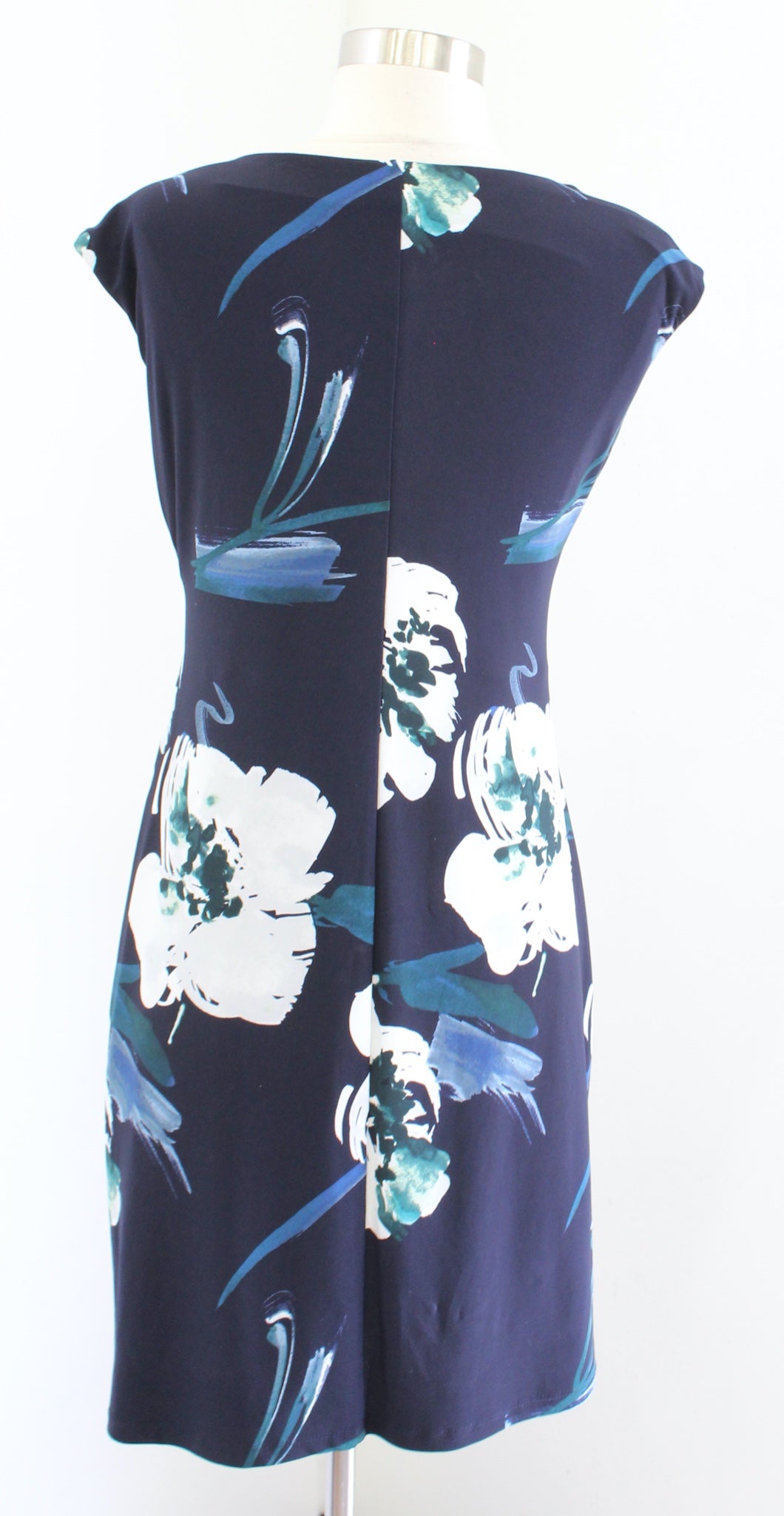 Lauren Ralph Lauren Navy Blue Floral Print Ruched Draped Neck Sheath Dress Sz 6P