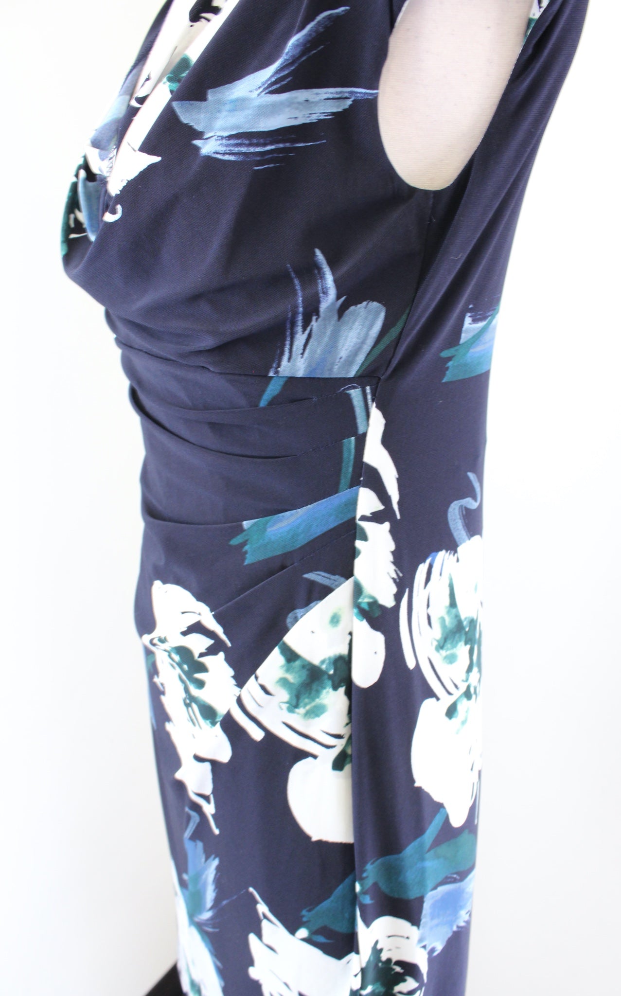 Lauren Ralph Lauren Navy Blue Floral Print Ruched Draped Neck Sheath Dress Sz 6P
