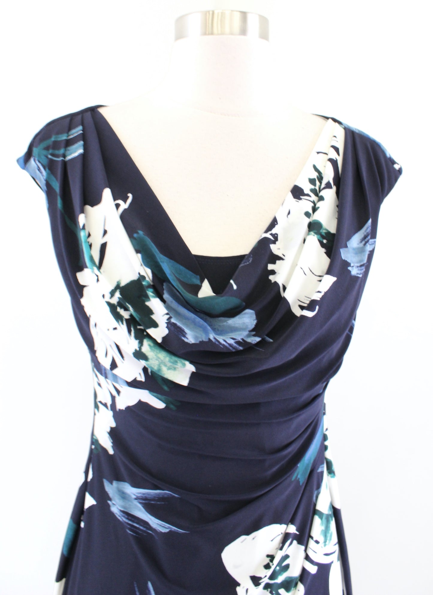 Lauren Ralph Lauren Navy Blue Floral Print Ruched Draped Neck Sheath Dress Sz 6P