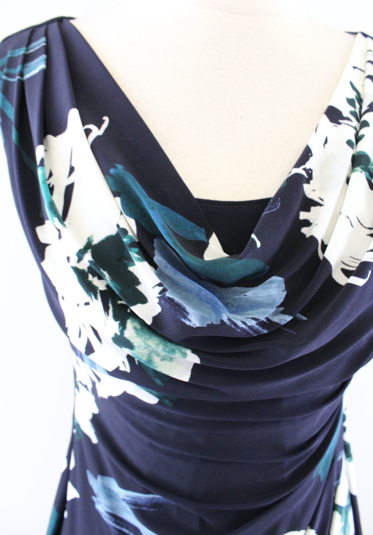 Lauren Ralph Lauren Navy Blue Floral Print Ruched Draped Neck Sheath Dress Sz 6P