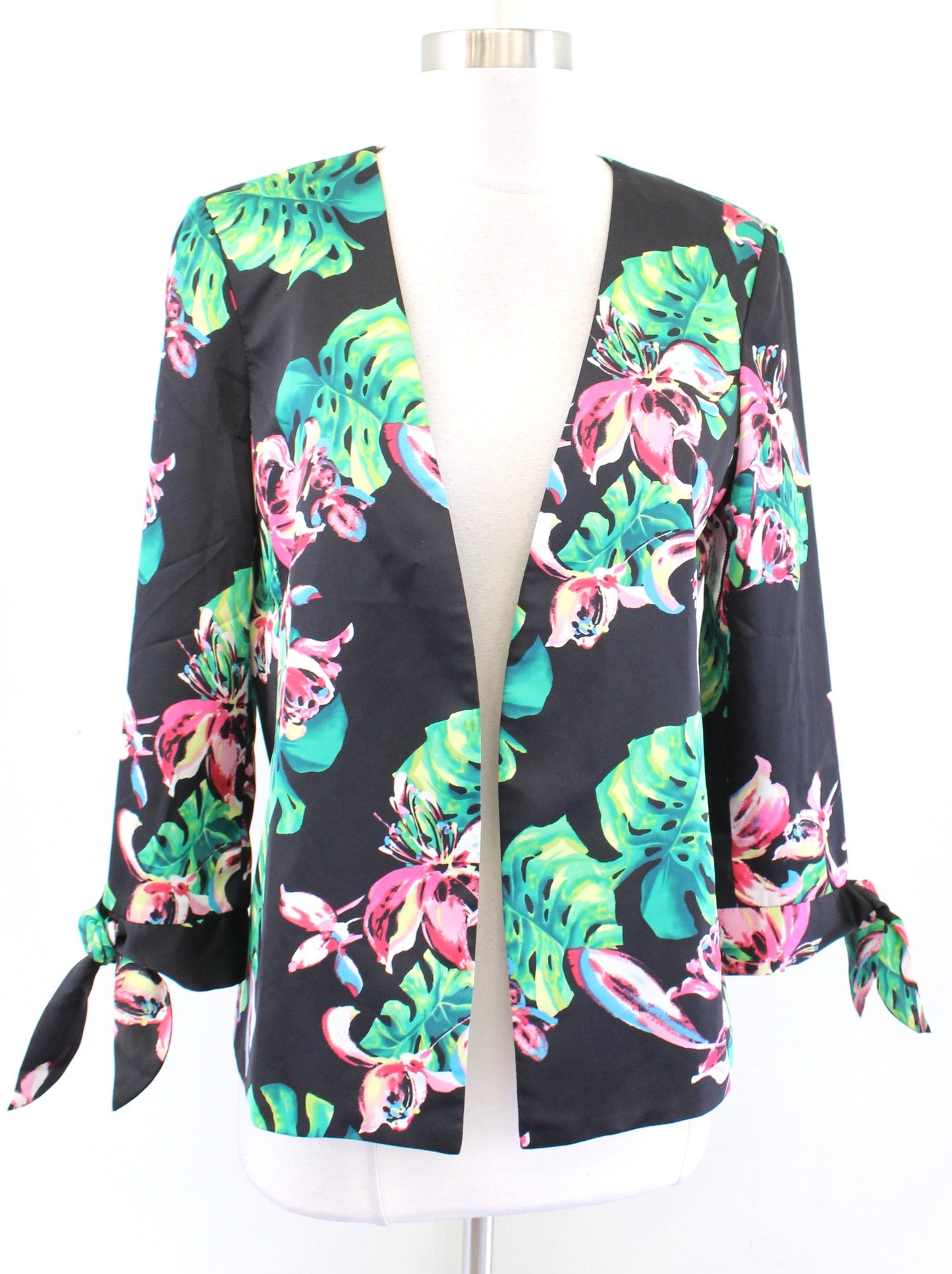 Tahari ASL Levine Black Tropical Monstera Leaf Floral Tie Cuff Blazer Jacket 6P