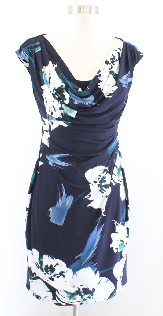 Lauren Ralph Lauren Navy Blue Floral Print Ruched Draped Neck Sheath Dress Sz 6P