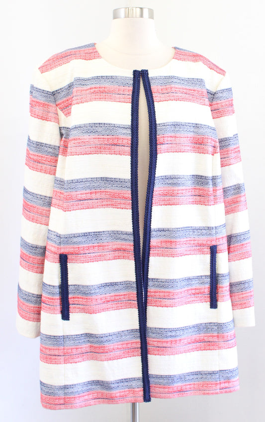 Tahari ASL Levine Ivory Red Blue Striped Tweed Collarless Blazer Jacket Size 20w