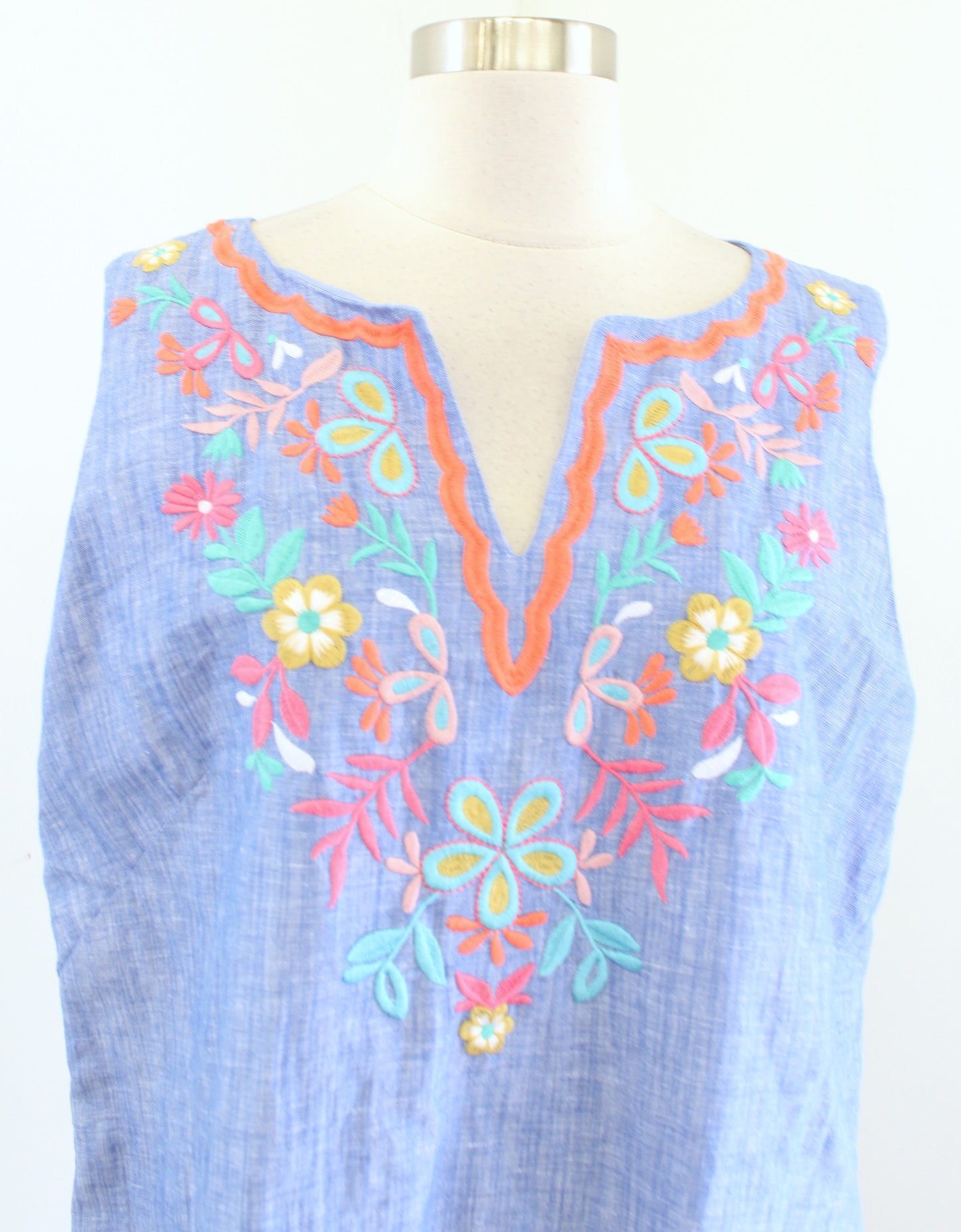 Talbots Blue Floral Embroidered Linen Blend Shift Dress Size 16 Sleeveless