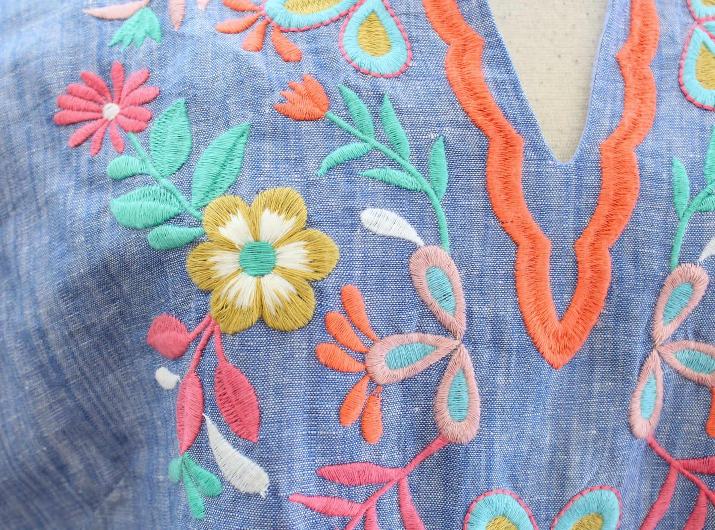 Talbots Blue Floral Embroidered Linen Blend Shift Dress Size 16 Sleeveless