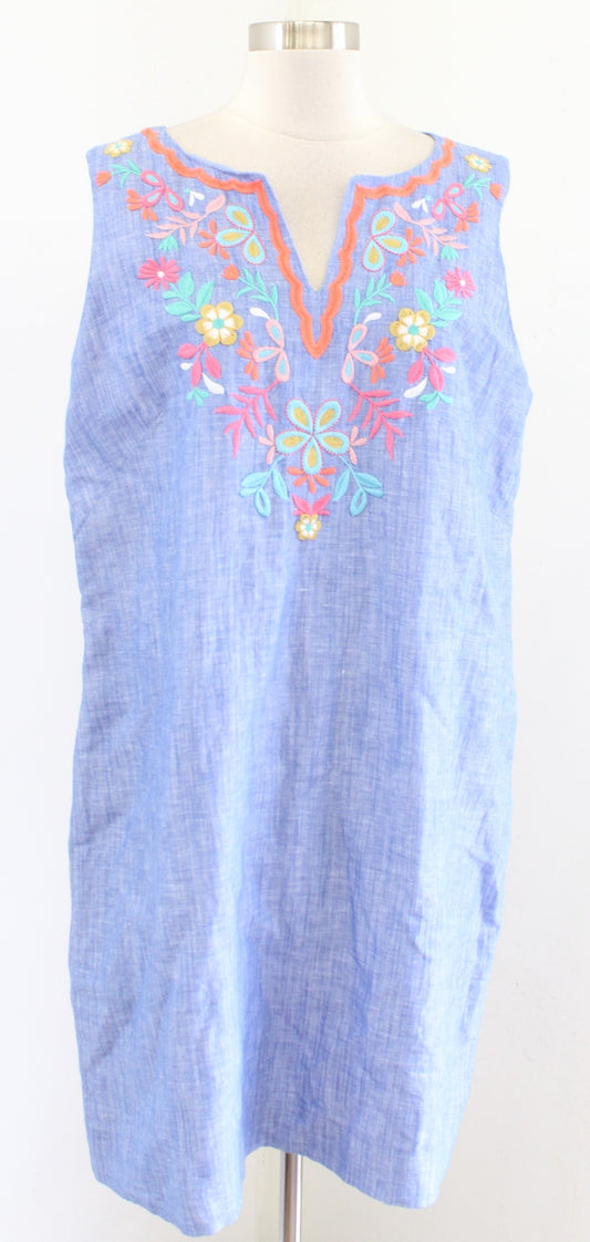 Talbots Blue Floral Embroidered Linen Blend Shift Dress Size 16 Sleeveless