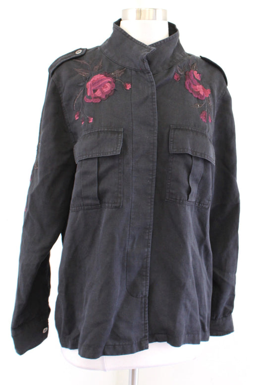 Rails Elliot Black Metallic Rose Floral Embroidered Shacket Shirt Jacket Size S