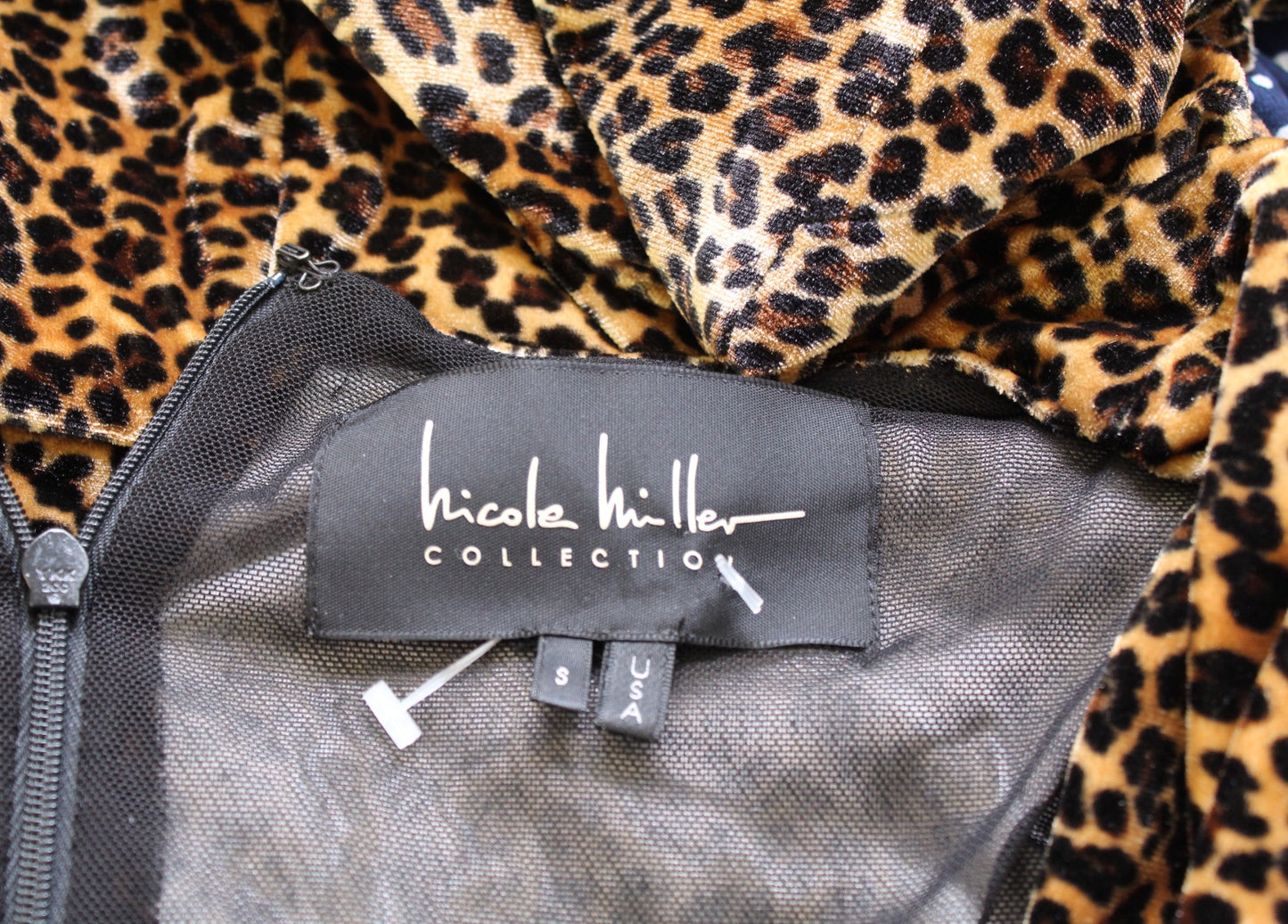 Nicole Miller Collection Velvet Leopard Ruched Puff Sleeve Cocktail Dress Sz S