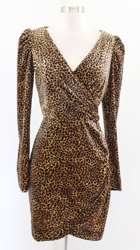 Nicole Miller Collection Velvet Leopard Ruched Puff Sleeve Cocktail Dress Sz S