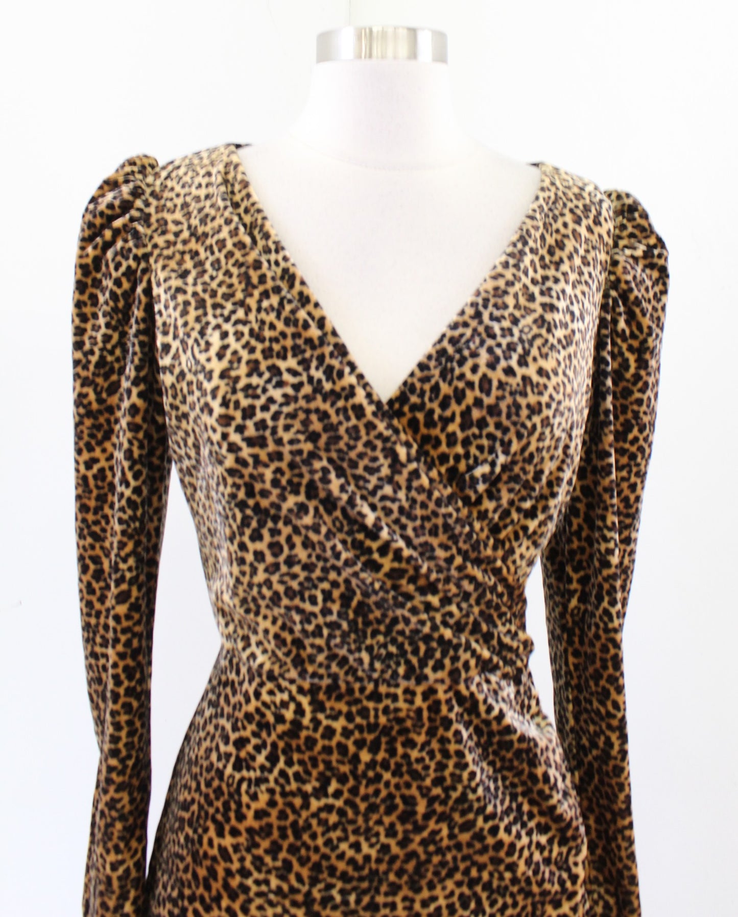Nicole Miller Collection Velvet Leopard Ruched Puff Sleeve Cocktail Dress Sz S