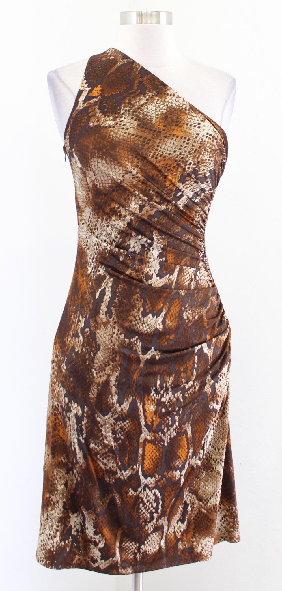 NWT $275 Laundry Brown One Shoulder Snakeskin Print Sequin Ruched Dress Size 6