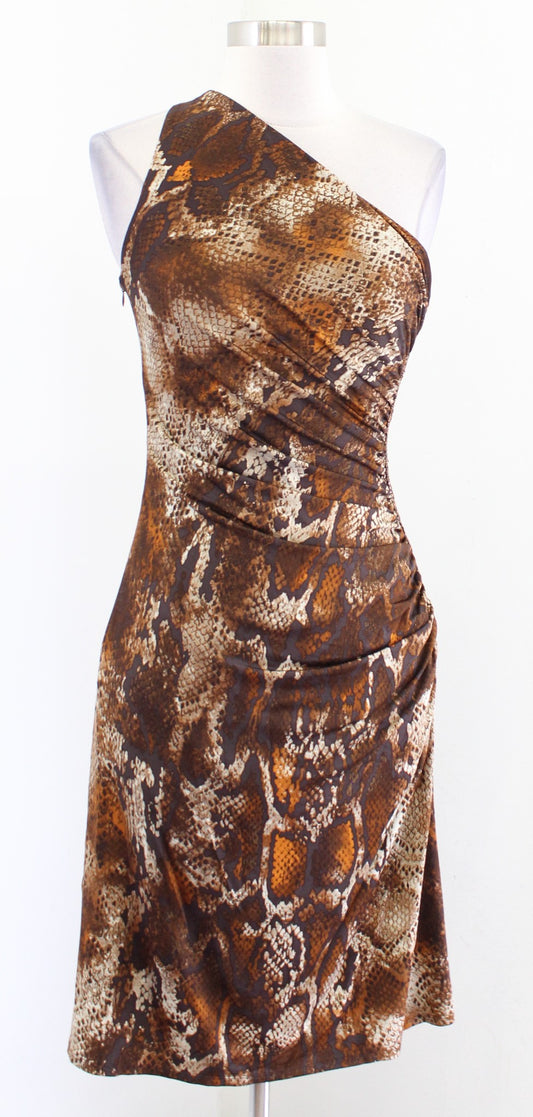 NWT $275 Laundry Brown One Shoulder Snakeskin Print Sequin Ruched Dress Size 6