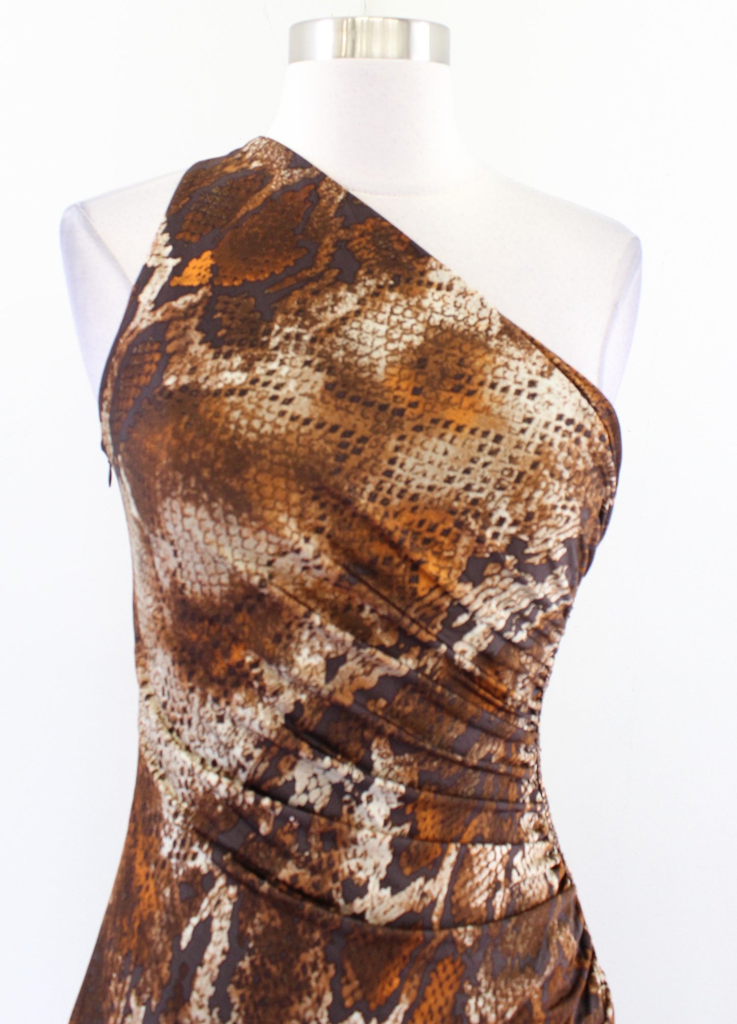 NWT $275 Laundry Brown One Shoulder Snakeskin Print Sequin Ruched Dress Size 6
