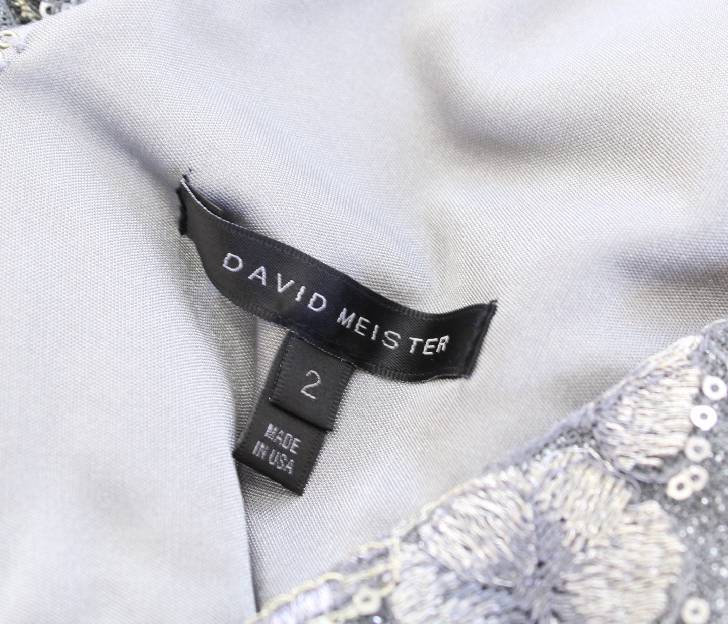 David Meister Gray Silver Gold Floral Embroidered Sequin Cocktail Dress Size 2