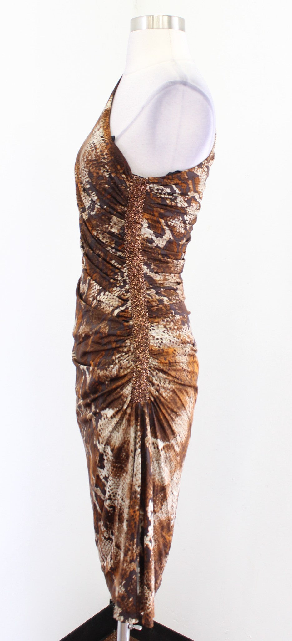 NWT $275 Laundry Brown One Shoulder Snakeskin Print Sequin Ruched Dress Size 6