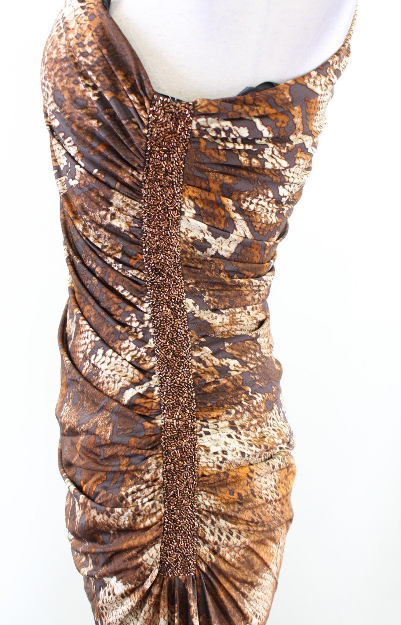 NWT $275 Laundry Brown One Shoulder Snakeskin Print Sequin Ruched Dress Size 6
