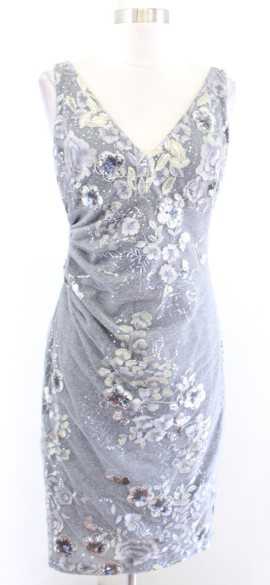 David Meister Gray Silver Gold Floral Embroidered Sequin Cocktail Dress Size 2