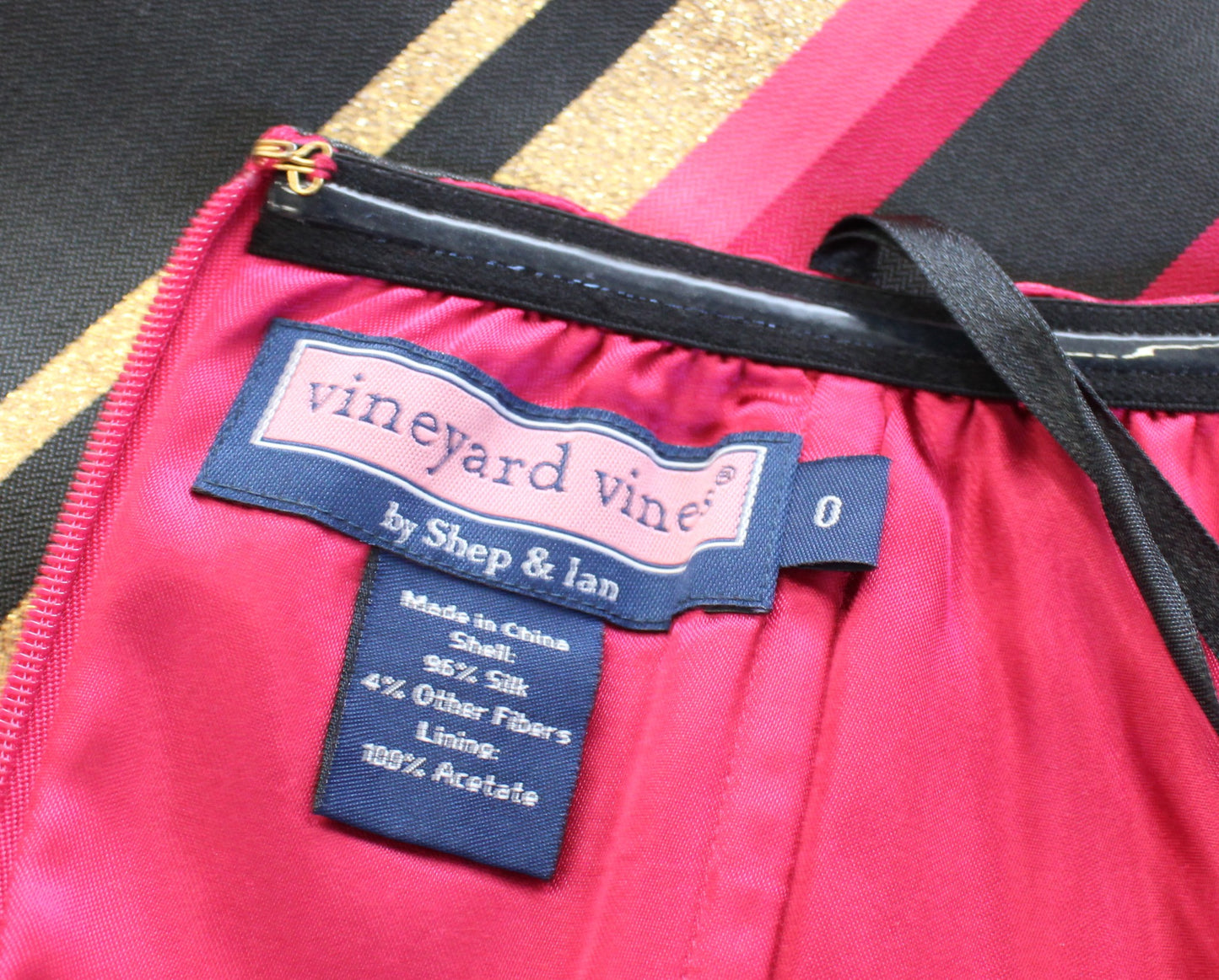 Vineyard Vines Metallic Chevron Striped Strapless Silk Blend Dress Size 0 Pink