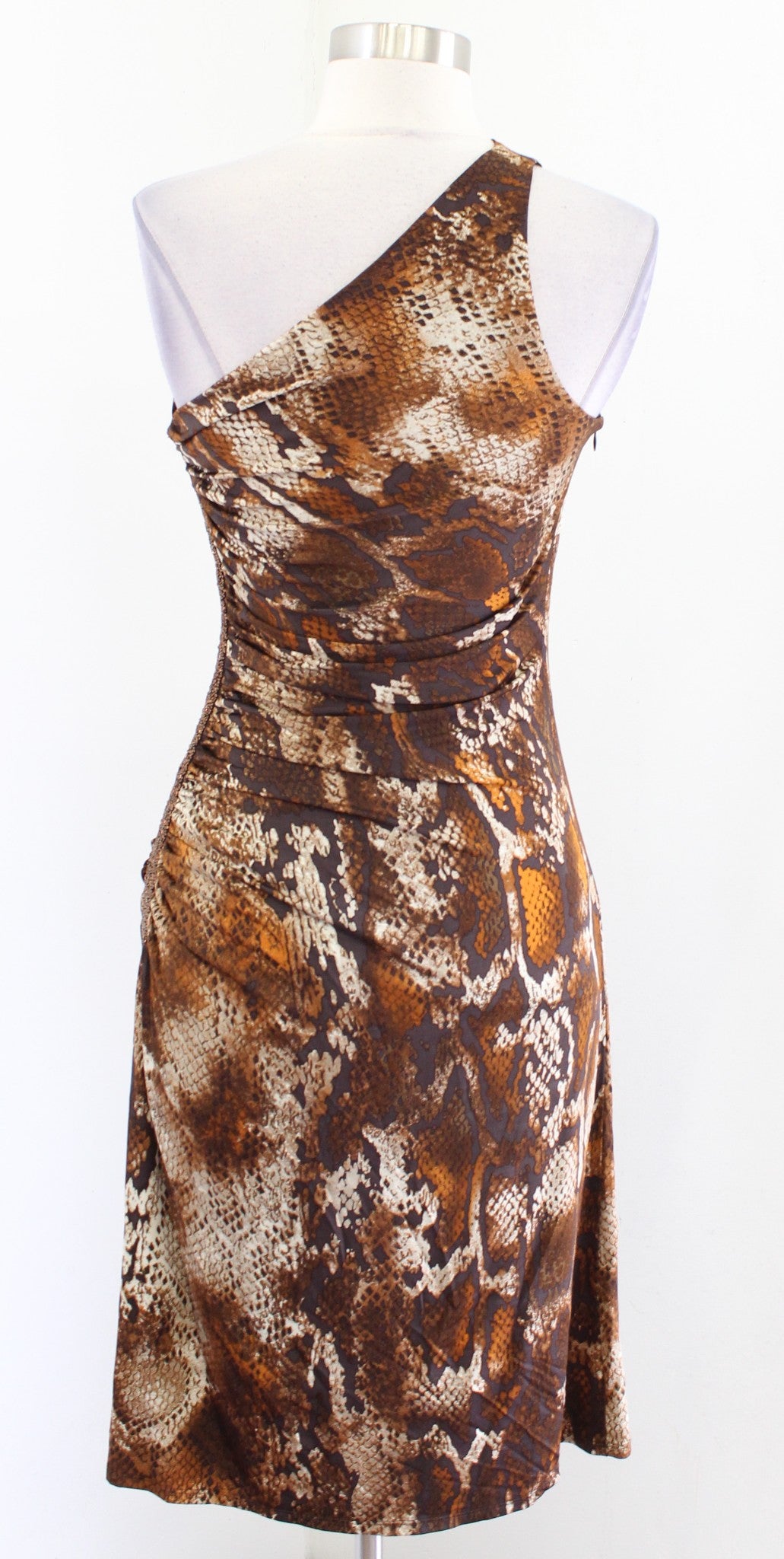 NWT $275 Laundry Brown One Shoulder Snakeskin Print Sequin Ruched Dress Size 6