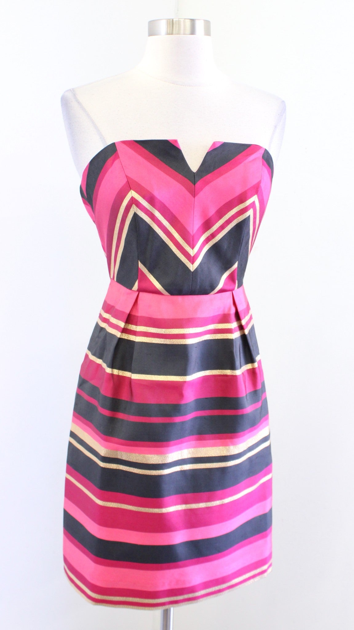 Vineyard Vines Metallic Chevron Striped Strapless Silk Blend Dress Size 0 Pink