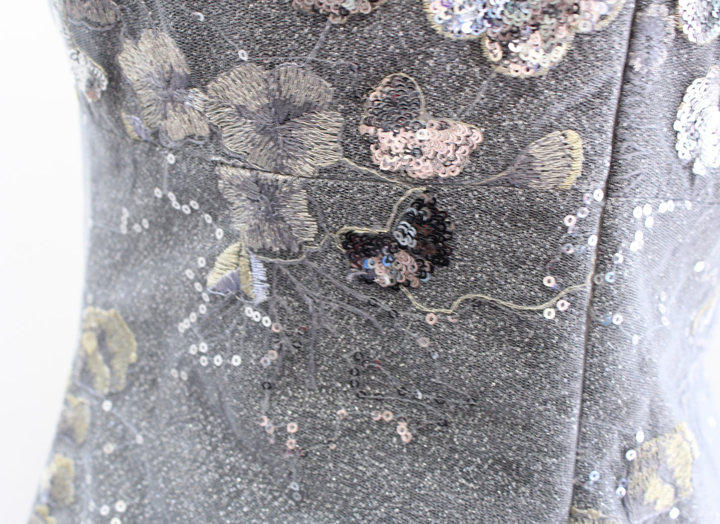 David Meister Gray Silver Gold Floral Embroidered Sequin Cocktail Dress Size 2