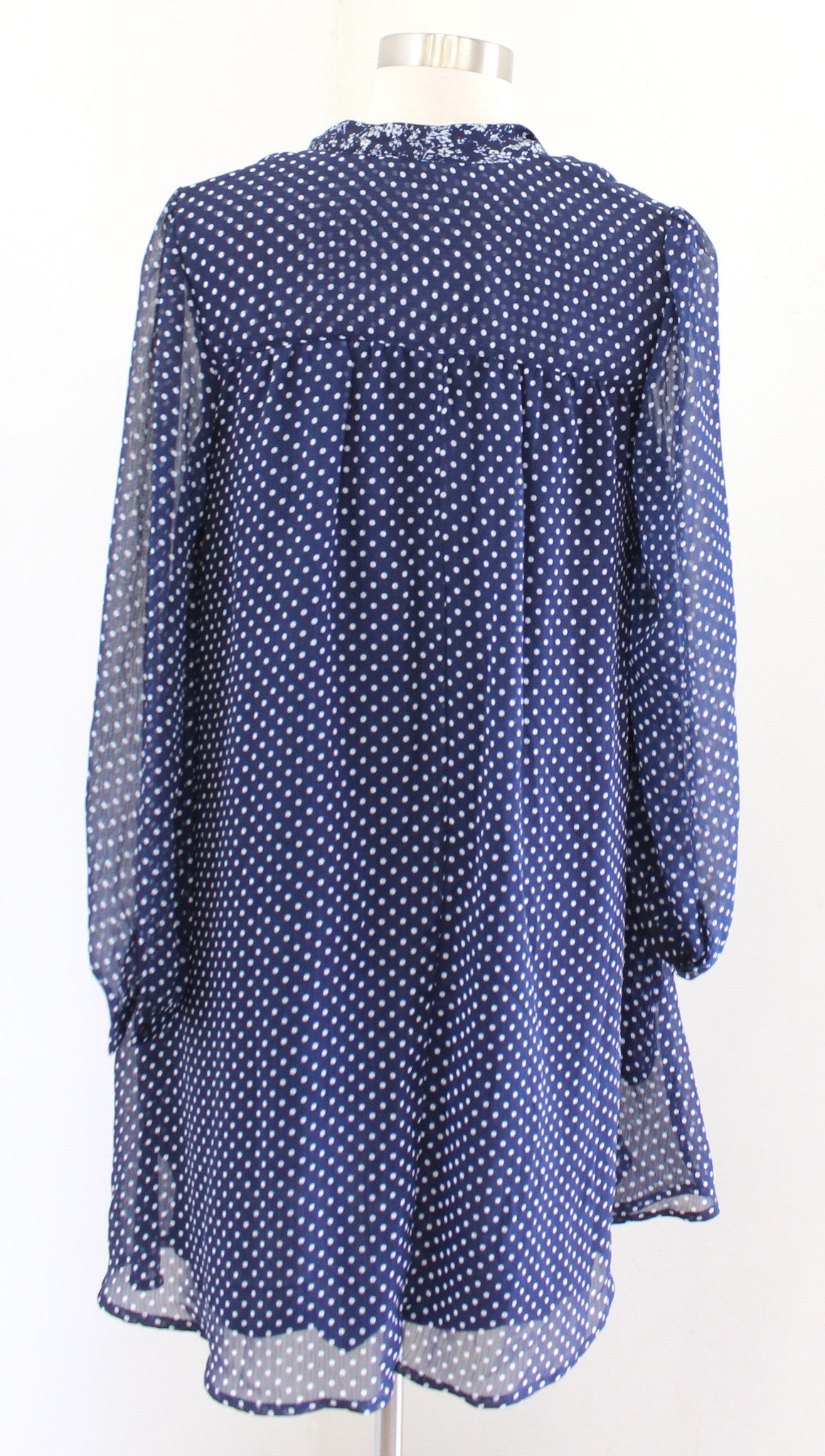 11 1 Tylho Anthropologie Isla Chiffon Polka Dot Tie Neck Shift Dress Size S Navy