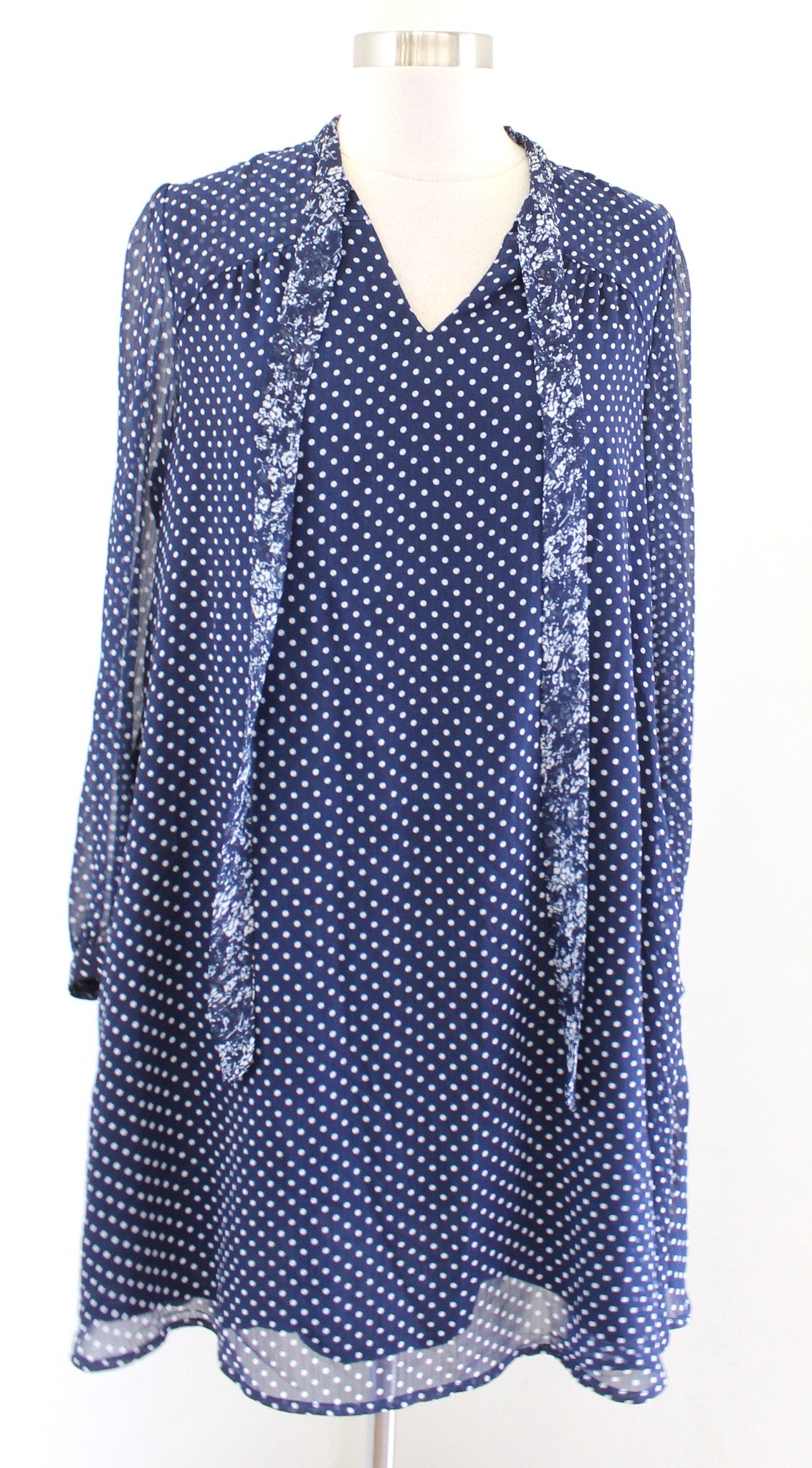 11 1 Tylho Anthropologie Isla Chiffon Polka Dot Tie Neck Shift Dress Size S Navy