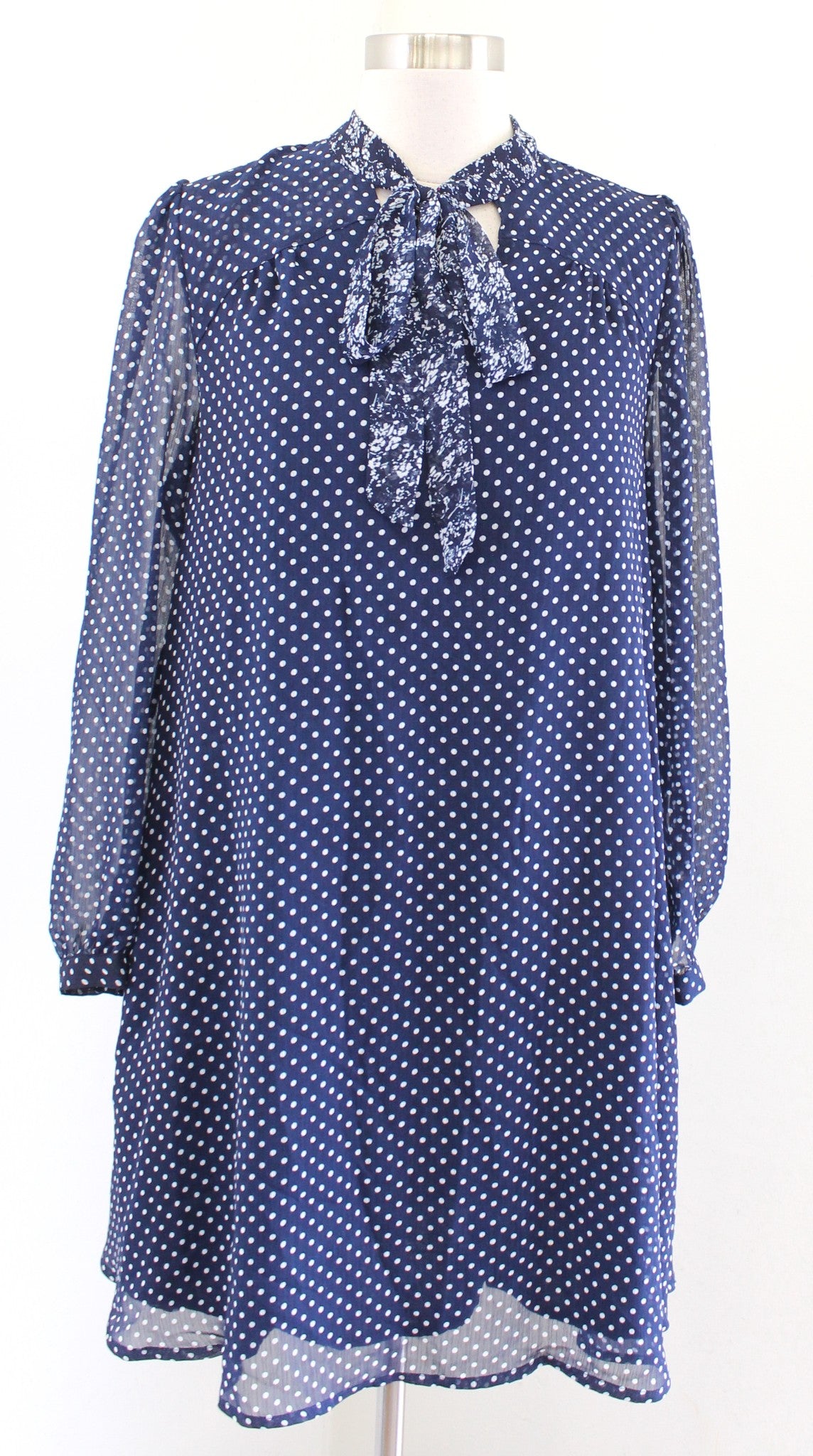 11 1 Tylho Anthropologie Isla Chiffon Polka Dot Tie Neck Shift Dress Size S Navy