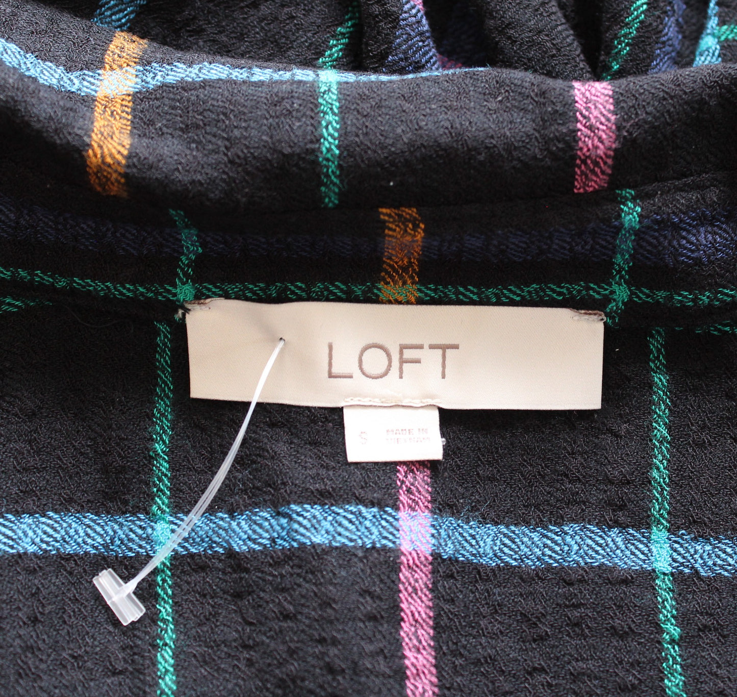 Ann Taylor Loft Plaid Button Front Tiered Pocket Shift Shirt Dress S Black Blue