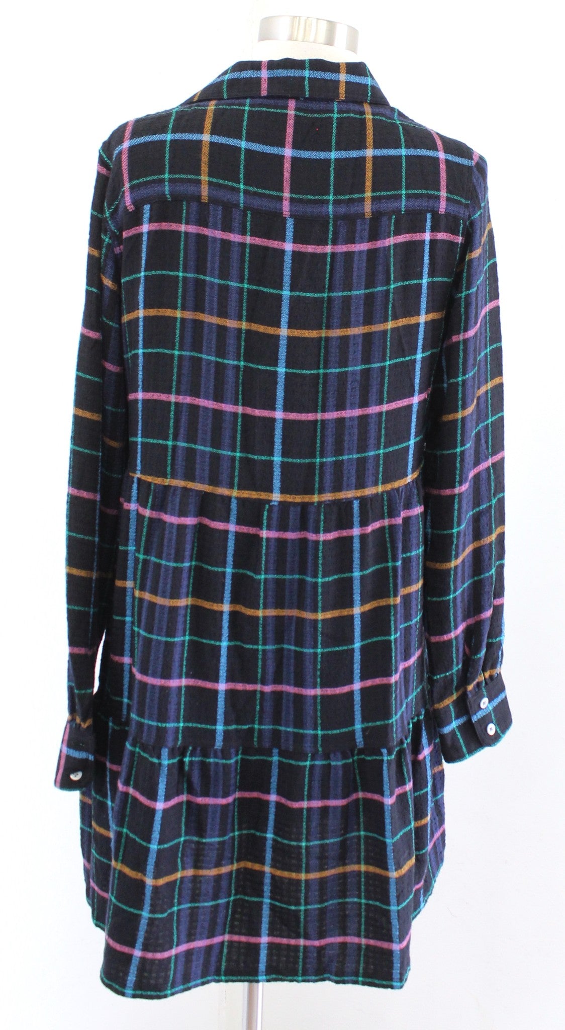 Ann Taylor Loft Plaid Button Front Tiered Pocket Shift Shirt Dress S Black Blue