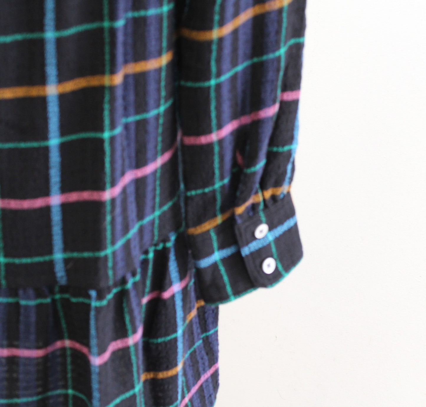 Ann Taylor Loft Plaid Button Front Tiered Pocket Shift Shirt Dress S Black Blue