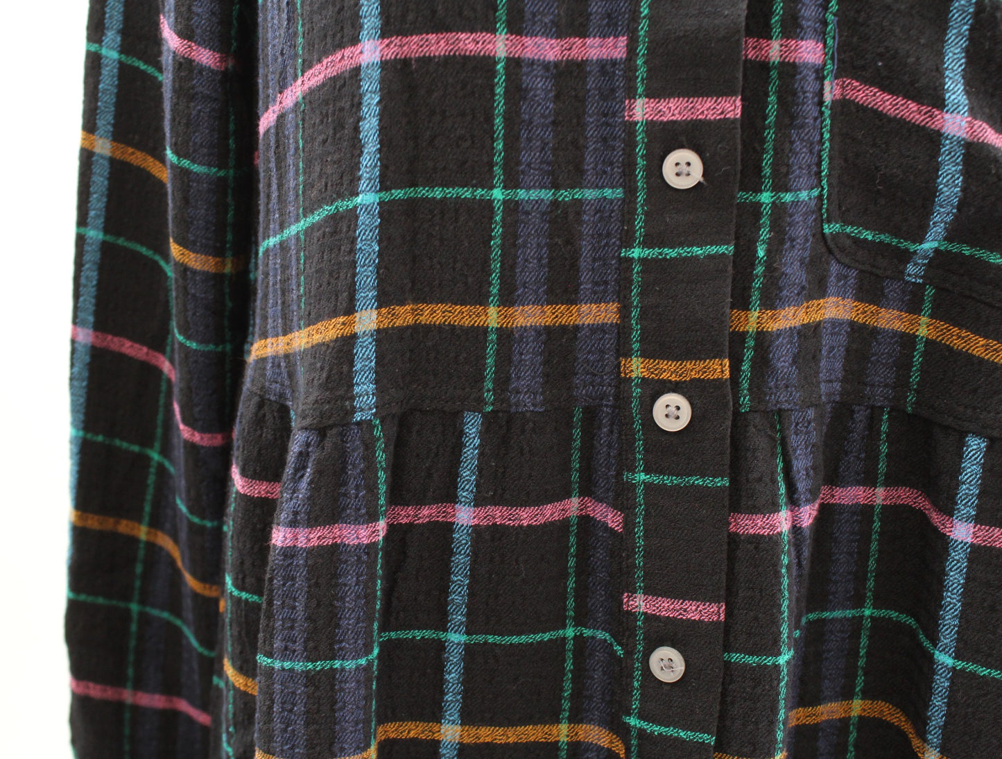 Ann Taylor Loft Plaid Button Front Tiered Pocket Shift Shirt Dress S Black Blue