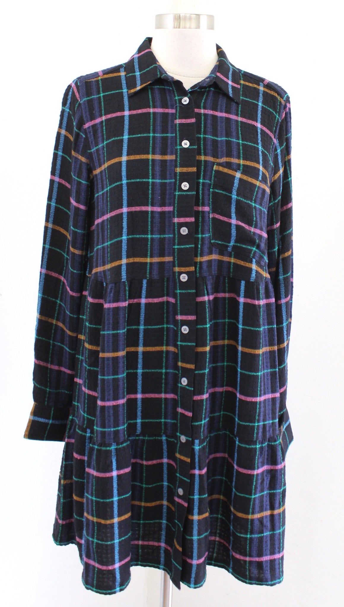 Ann Taylor Loft Plaid Button Front Tiered Pocket Shift Shirt Dress S Black Blue